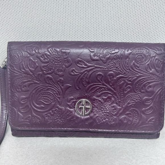 Giani Bernini Plum Floral Tooled Crossbody Bag. Genuine Leather. - Picture 1 of 9